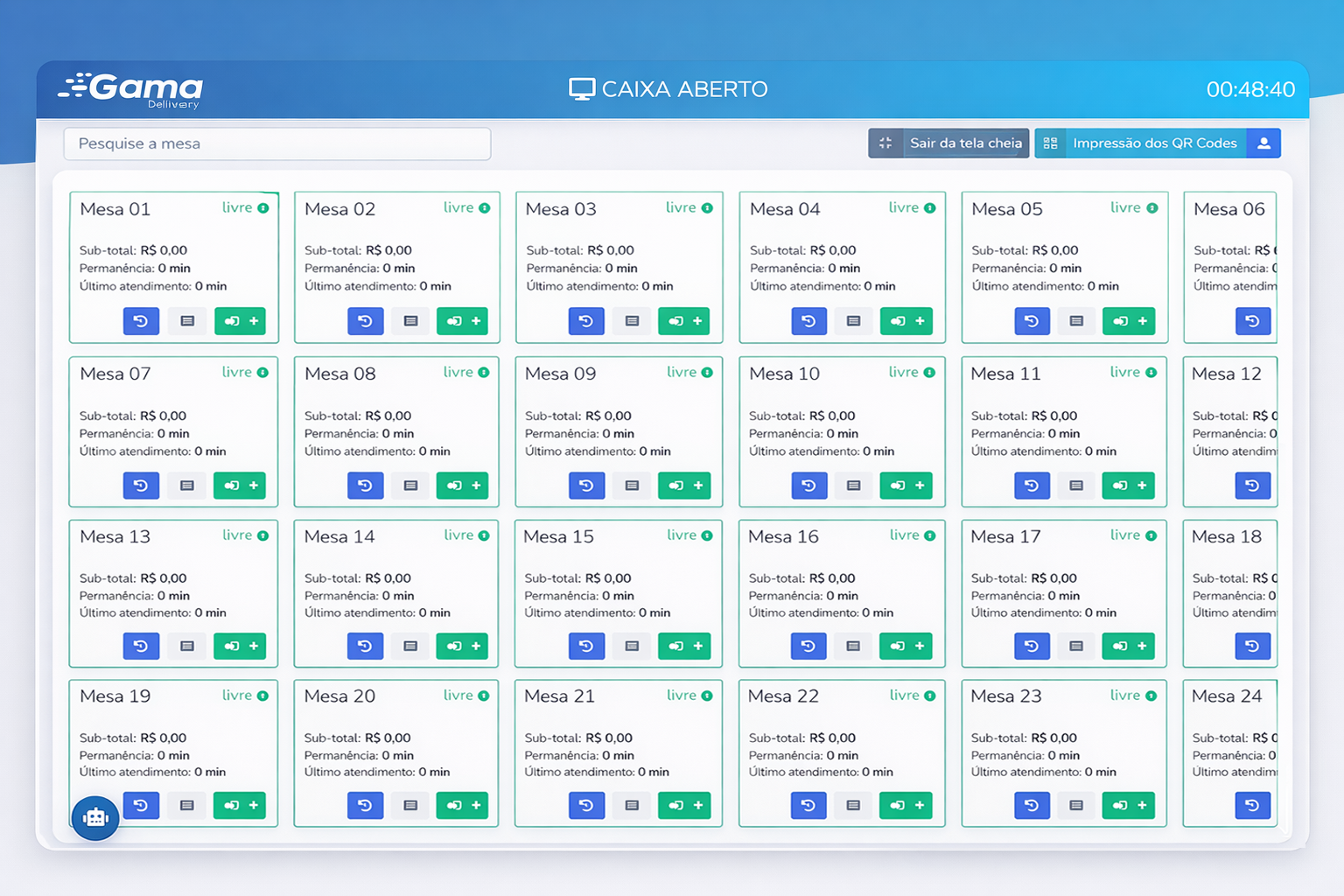 Tela de mesas do sistema Gama Delivery