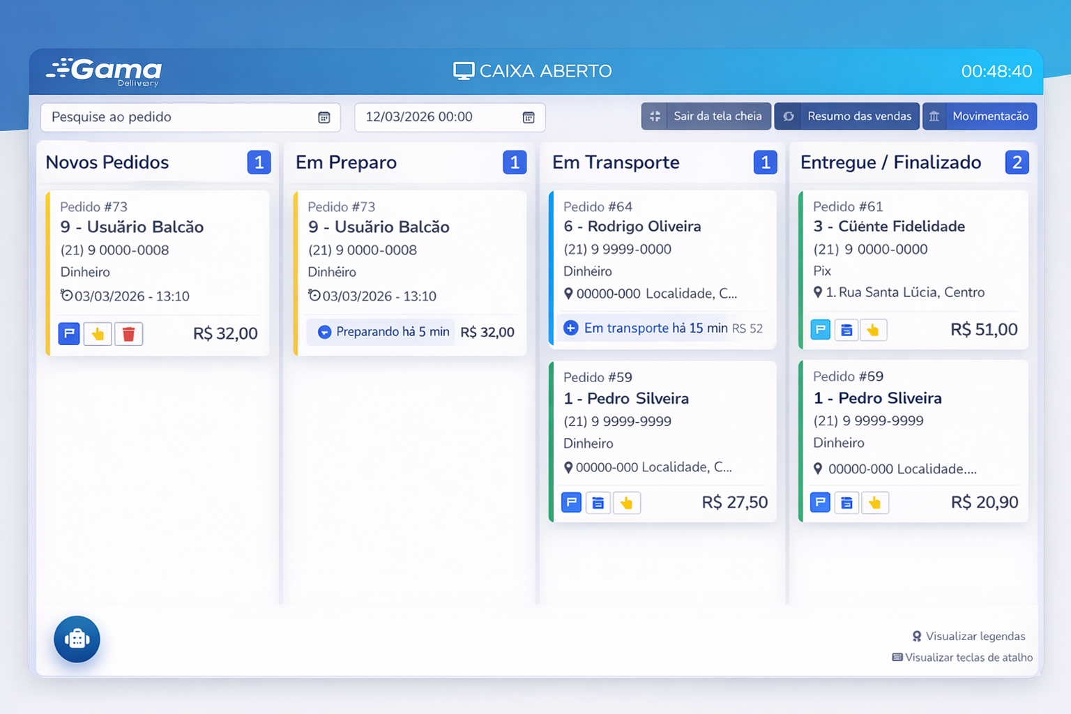 Tela principal do sistema Gama Delivery